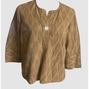 Pure Jill Brown Ikat Geo Cotton  Womens PXS Top Split Neck 3/4 Sleeve Pullover